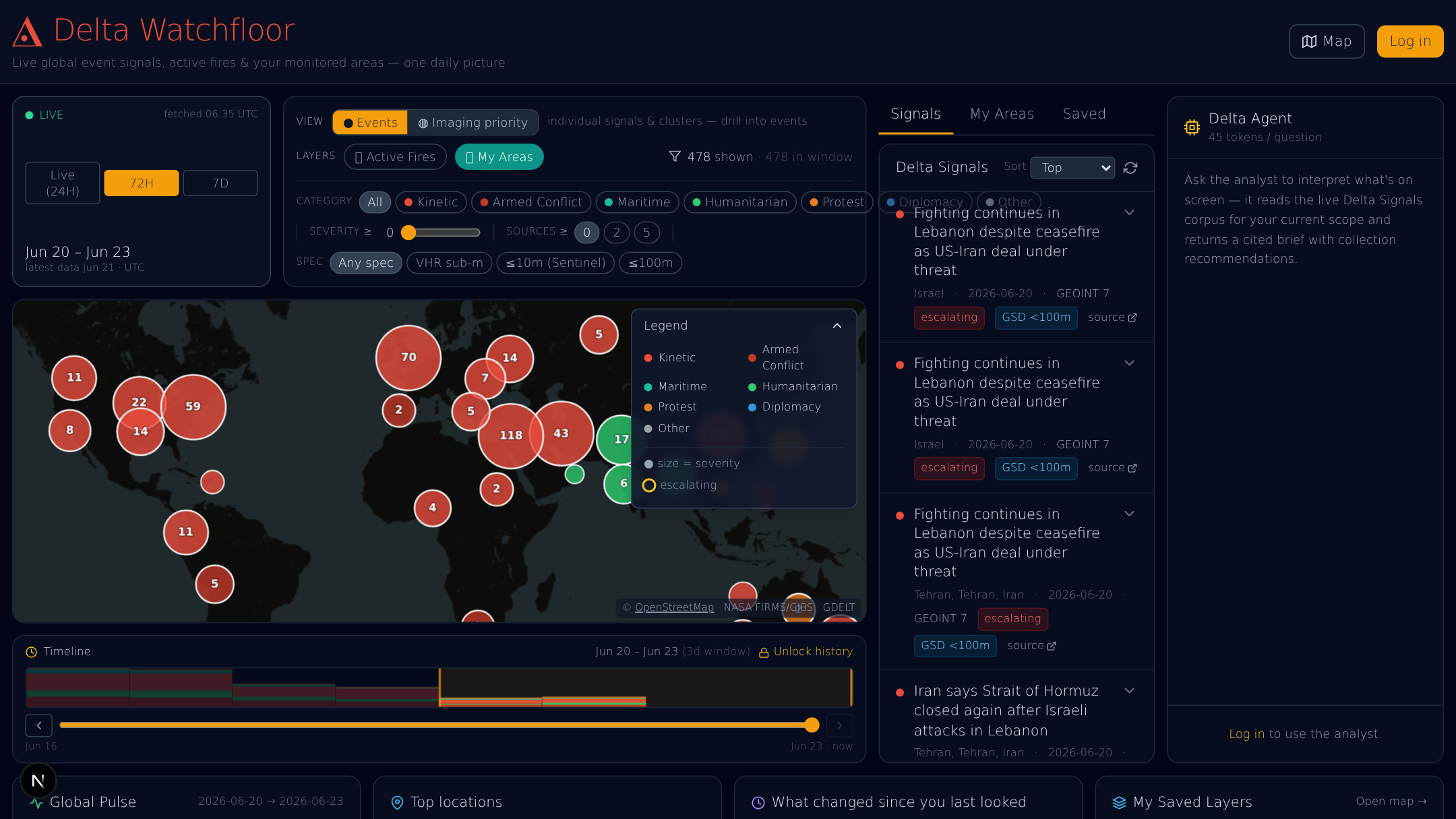 The Delta Watchfloor: geolocated world events on one screen, ranked by severity.